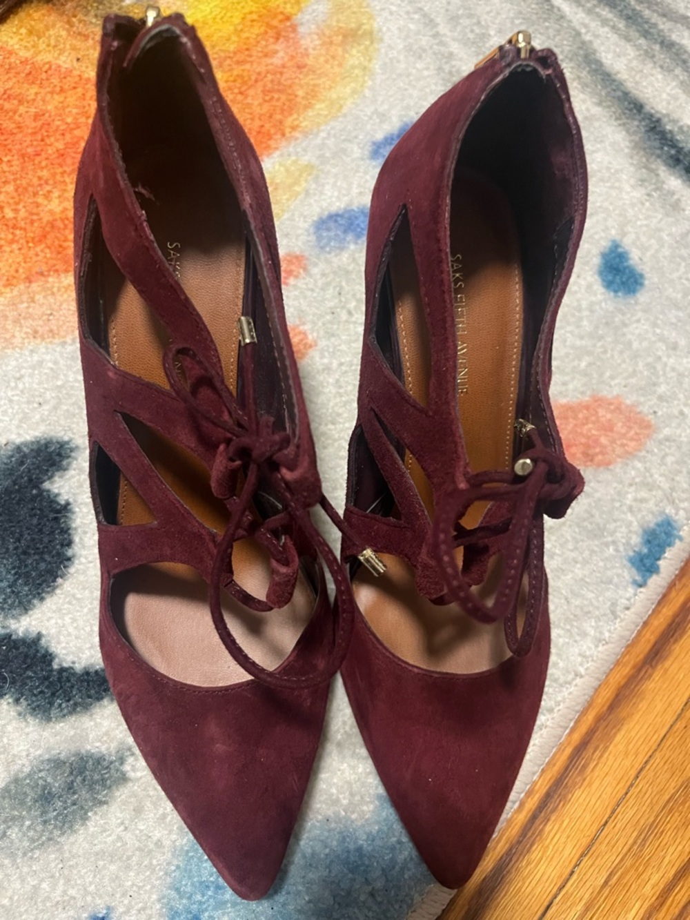 Saks Fifth Avenue Women's Burgundy Suede Lace-Up Cutout Pumps